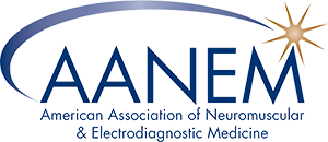 The image displays a logo with text elements, including 'AANEM,' which stands for American Association of Neuromuscular & Electrodiagnostic Medicine, and the acronym 'AANEM' in stylized lettering, accompanied by a graphic element resembling a star or sunburst.