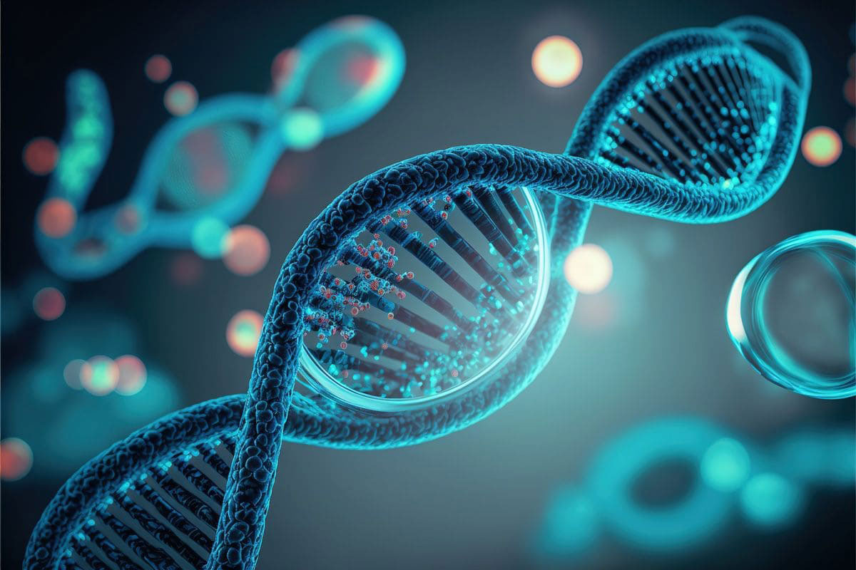 The image features a 3D molecular model of a DNA double helix set against a backdrop of bubbles, with a stylized representation of a human face composed of similar molecular structures.