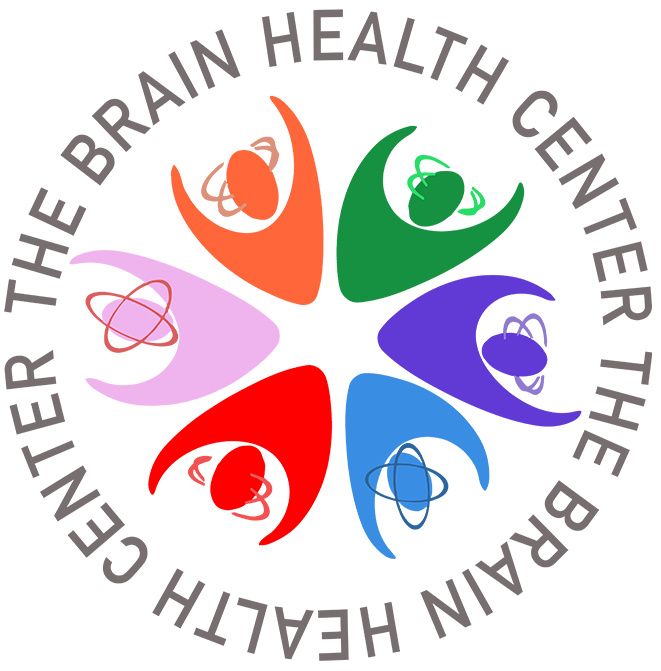 The image displays a logo with a colorful design featuring six interconnected circles, each containing a different colored handprint, set against a black background with white text at the top and bottom that reads  Brain Health Center  and  Center for the Brain,  respectively.